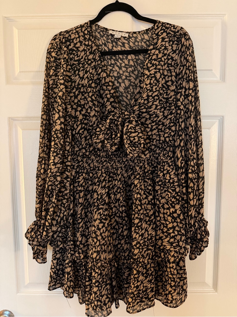 Womens Black and Tan Printed Long Sleeve Tie-Front Dress